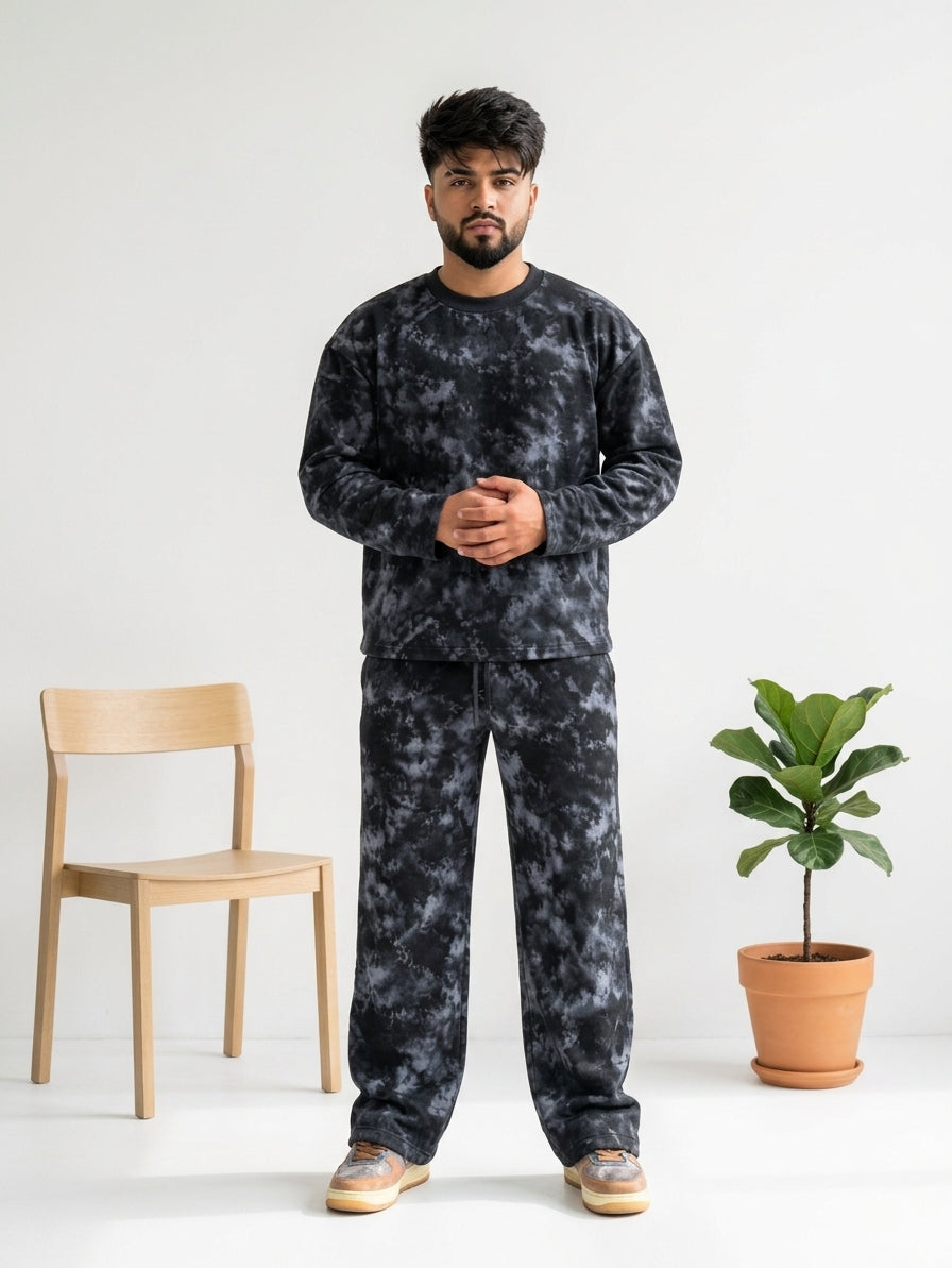 Men's Acid Wash Printed Tracksuit - Cotton Fleece Winter Co-Ord Set