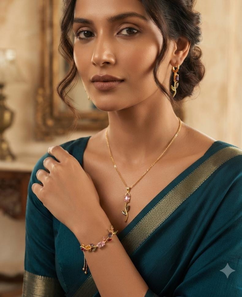 A woman wearing a gold leaf pendant necklace with pink gemstone accents, matching gold earrings, and a gold bracelet with pink stones, styled with a teal sari.