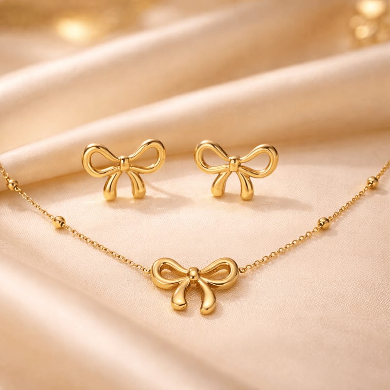 Elegant Golden Bow Necklace & Earrings Set