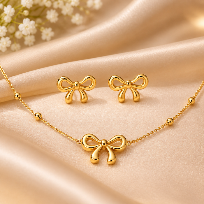Elegant Golden Bow Necklace & Earrings Set