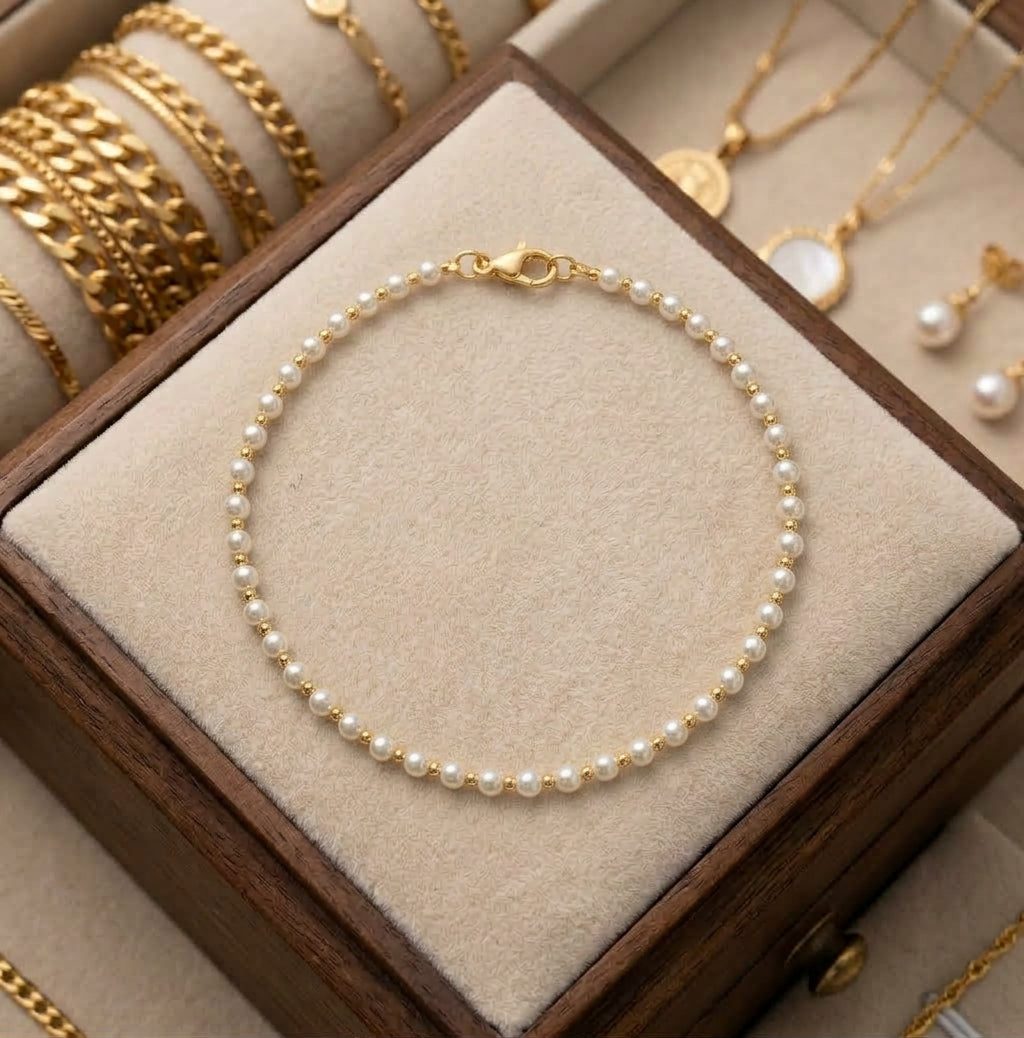 A delicate pearl bracelet with a gold clasp, displayed on a beige velvet-lined wooden jewelry box alongside other gold jewelry.