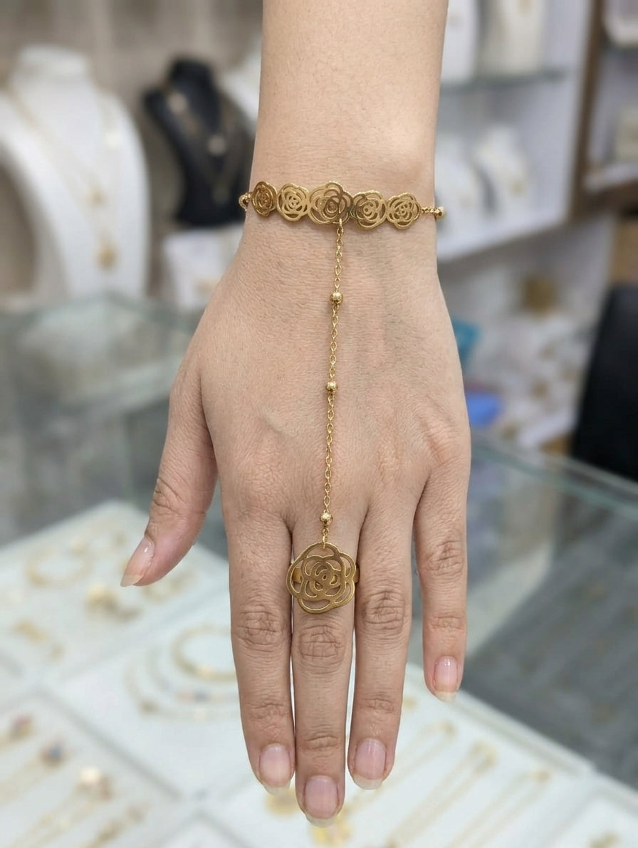 Elegant Gold-Tone Hand Chain Bracelet with Ring Chain