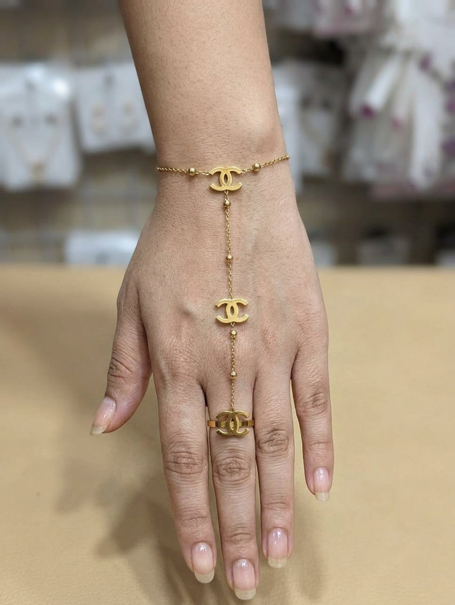 Elegant Gold-Tone Hand Chain Bracelet with Ring Chain