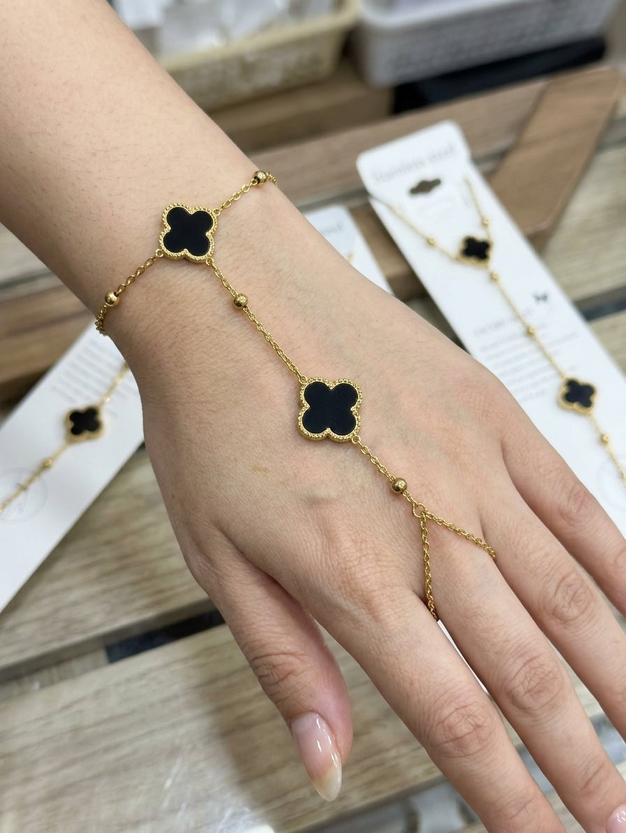 Elegant Gold-Tone Hand Chain Bracelet with Ring Chain