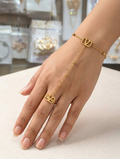 Elegant Gold-Tone Hand Chain Bracelet with Ring Chain