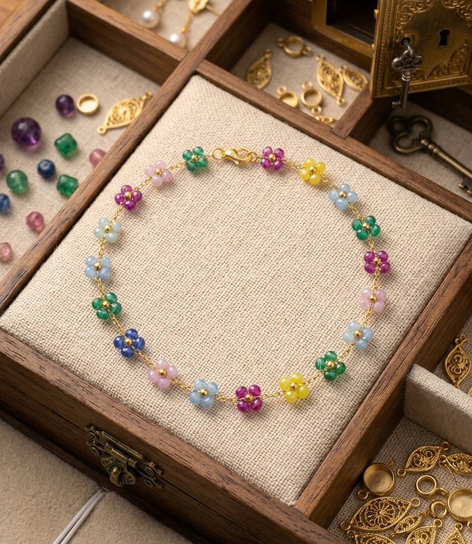 A delicate gold chain bracelet adorned with colorful seed bead flower charms in pink, purple, blue, green, and yellow, displayed on a beige fabric-lined jewelry box.