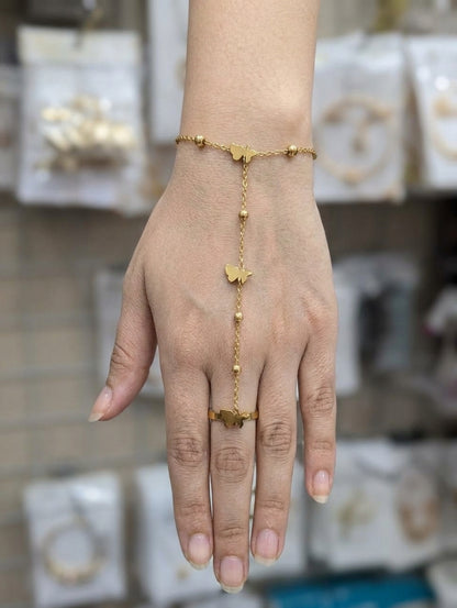 Elegant Gold-Tone Hand Chain Bracelet with Ring Chain