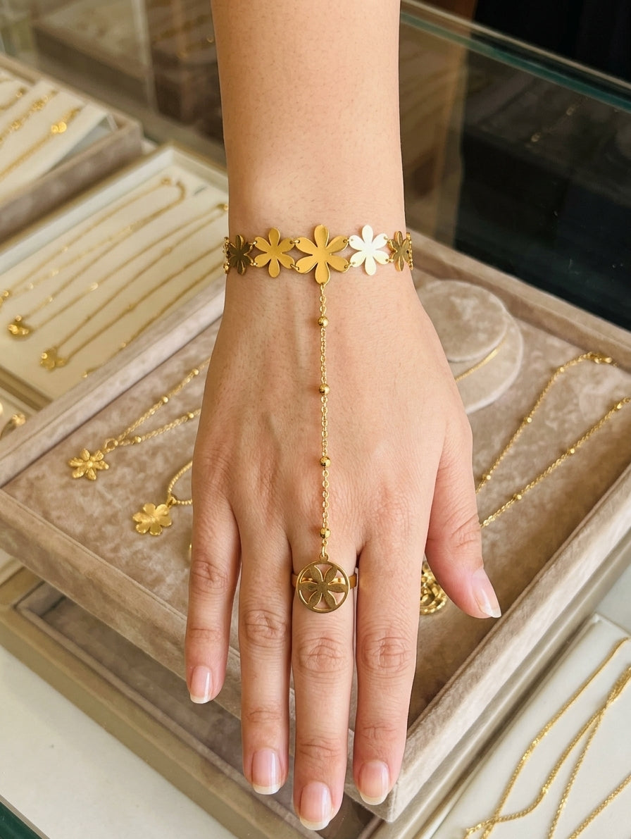 Elegant Gold-Tone Hand Chain Bracelet with Ring Chain