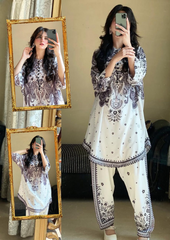 Front And Back Digital  Printed Frock With Printed Flapper 2Pcs