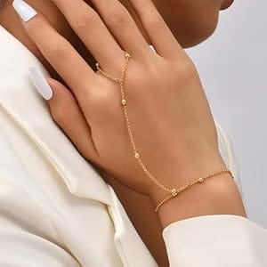 Elegant Gold-Tone Hand Chain Bracelet with Ring Chain