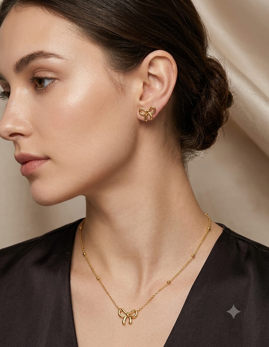 Elegant Golden Bow Necklace & Earrings Set