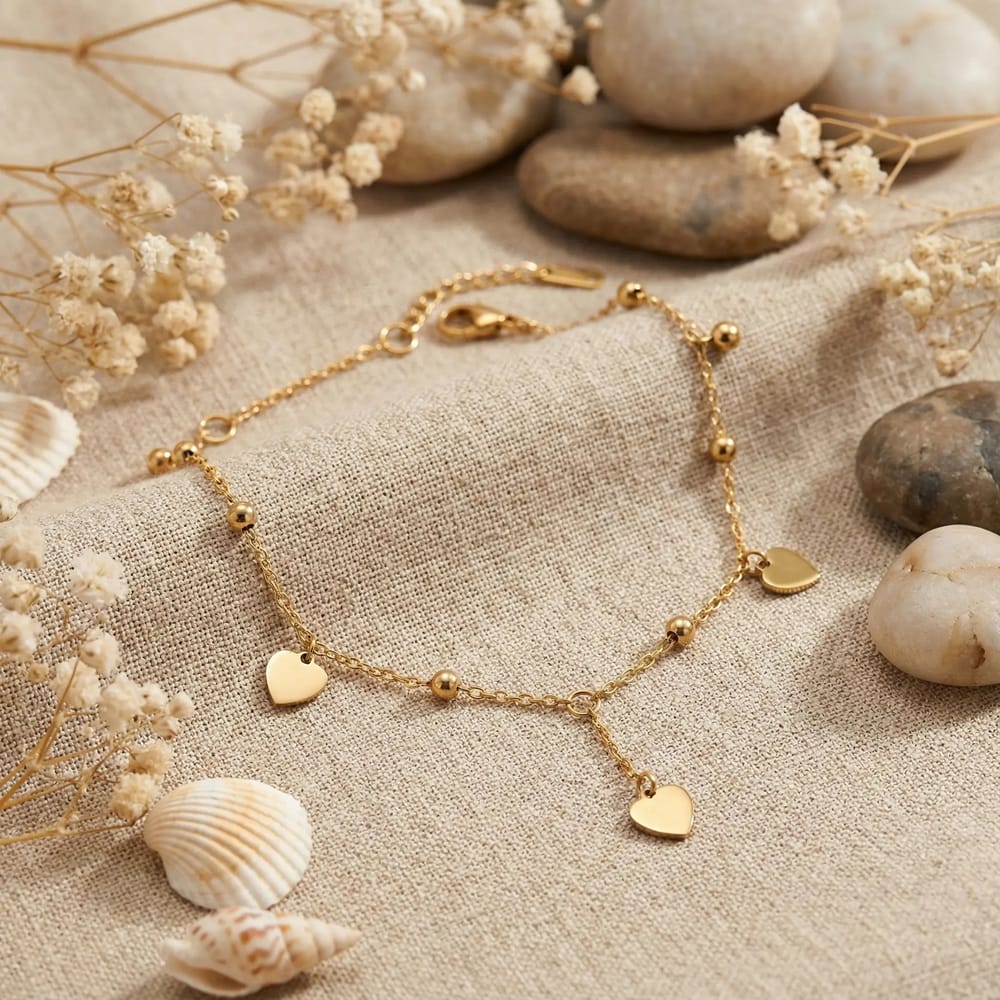 Golden Triple Heart Charm Anklet