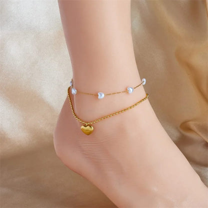 Golden Pearl Heart Charm Anklet stainless steel