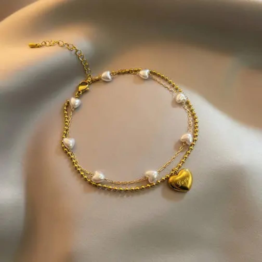 Golden Pearl Heart Charm Anklet stainless steel