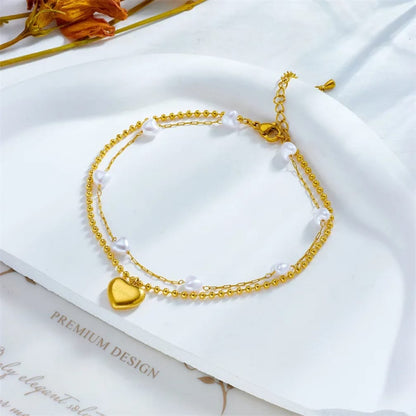 Golden Pearl Heart Charm Anklet stainless steel