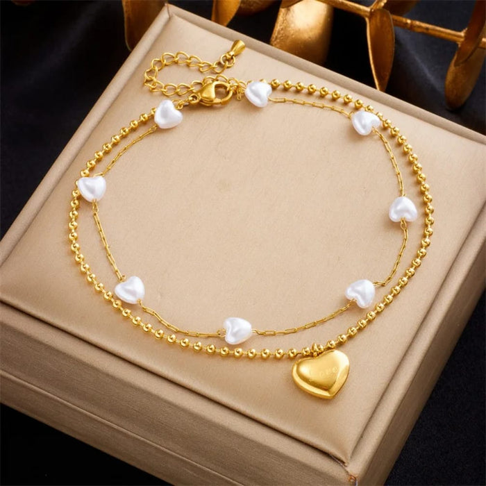 Golden Pearl Heart Charm Anklet stainless steel
